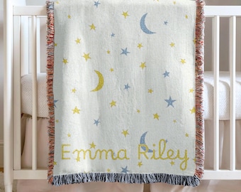 Manta personalizada con nombre de bebé, decoración de guardería para niñas con estrellas y luna, manta con el primer segundo nombre, regalo personal para baby shower, recuerdo para recién nacidos