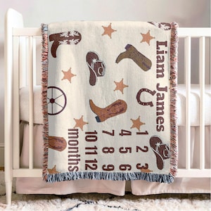 Custom Milestone Blanket Boys Cowboy Western Personalized Baby Name Blanket Customized Blanket Baby Growth Chart Newborn Blanket Gift
