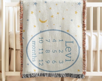 Personalized Milestone Blanket Boys Stars And Moon Baby Boys Name Blanket Monthly Milestone Nursery Decor Baby Growth Chart Baby Shower Gift