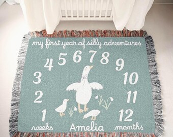 Personalized Baby Milestone Blanket Girls Boys Custom Month Blanket With Name Baby Shower Gift Newborn Keepsake Goose Nursery Decoration