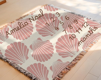 Personalized Baby Milestone Blanket Ocean Nursery Decoration Seashells Baby Blanket Girls Under The Sea Baby Shower Gift Newborn Keepsake