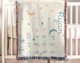 Personalized Milestone Blanket Stars And Moon Nursery Decoration Baby First Middle Name Blanket Personal Baby Shower Gift Newborn Keepsake