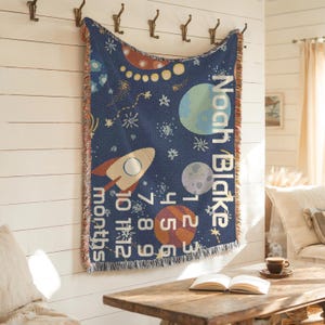 Manta personalizada para hitos de bebé, decoración de guardería espacial con cohete para niños, accesorio fotográfico personalizado con nombre para recién nacidos, manta de regalo, tabla de crecimiento
