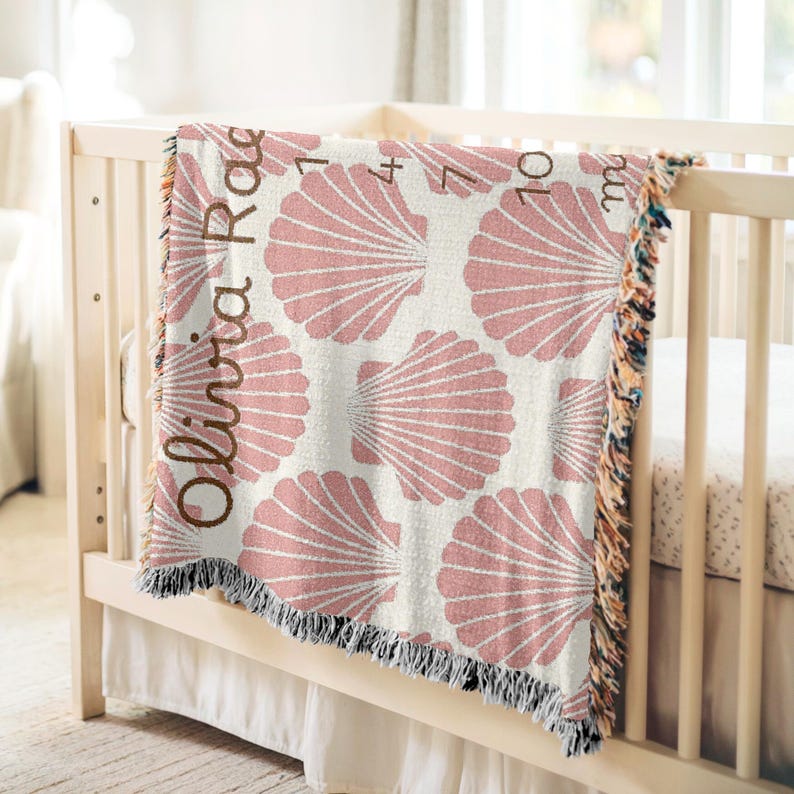Pink seashell blanket, custom milestone blanket girls, beach milestone blanket, ocean milestone blanket, pink seashells nursery blanket, pink beach nursery decor, ocean milestone blanket, beach nursery decorations, ocean theme baby shower gift, beach baby shower gift, personal baby shower gift, girls milestone blanket, milestone blanket baby shower gift, baby girl name gift, personalized milestone blanket, custom milestone blanket girls, pink nursery decorations, ocean theme nursery decor