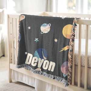Personalized Space Astronaut Blanket Woven Cotton Custom Newborn Keepsake Space Nursery Decor Baby Boy Blanket Custom Name Gift For Kids