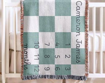 Coperta personalizzata per le tappe di crescita del bambino, coperta personalizzata con i mesi, coperta per le tappe mensili, regalo per baby shower per maschietto, tabella di crescita del bambino