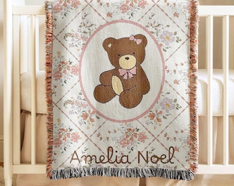 Manta personalizada para bebé niña, decoración de guardería con osito, manta con nombre personalizado, regalo personalizado para baby shower, recuerdo personalizado para recién nacido
