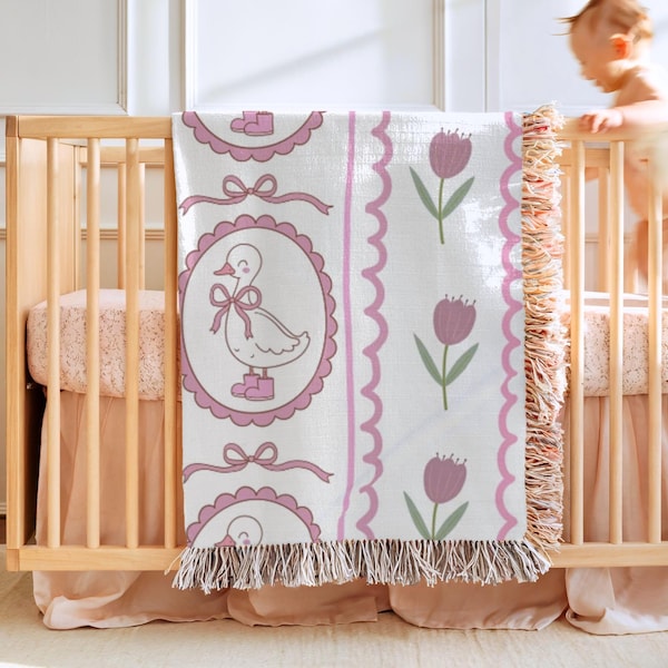 Kocyk dla niemowląt z motywem gęsi, dekoracja pokoju dziecięcego dla dziewczynek, osobisty prezent na baby shower, pamiątka dla noworodka, prezent dla dziewczynki, kocyk z motywem gęsi, tkany
