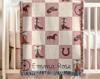 Personalized Girls Name Blanket Cowgirl Western Nursery Decoration First Middle Name Blanket Personal Baby Shower Gift Newborn Keepsake Gift