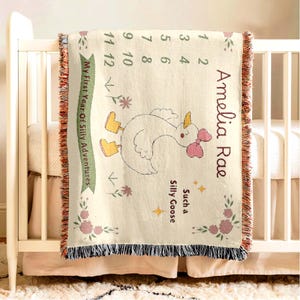 Manta personalizada de hitos de ganso para niñas, manta para bebé con nombre, manta personalizada para la edad, tabla de crecimiento de meses, recuerdo para recién nacidos, regalo para baby shower