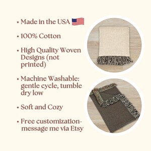 May include: Two woven throw blankets. One is folded, beige with a fringed edge. The other is folded, brown with a fringed edge. The text in the image says "Made in the USA", "100% Cotton", "High Quality Woven Designs", "Machine Washable", "Soft and Cozy".