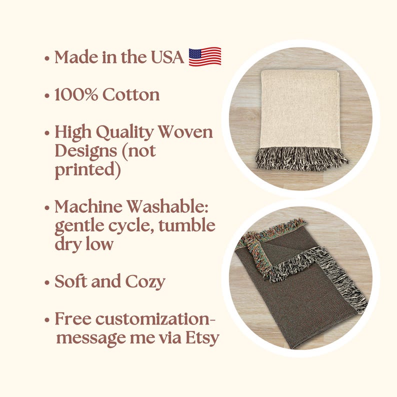 May include: Two woven throw blankets. One is folded, beige with a fringed edge. The other is folded, brown with a fringed edge. The text in the image says "Made in the USA", "100% Cotton", "High Quality Woven Designs", "Machine Washable", "Soft and Cozy".