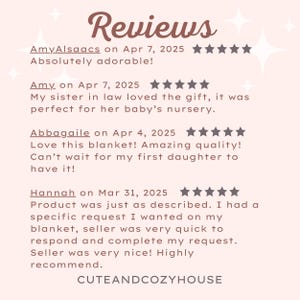 May include: A light pink background with the word "Reviews" in a decorative font. Customer reviews are listed below, with comments and star ratings. The shop name "CUTEANDCOZYHOUSE" is at the bottom.