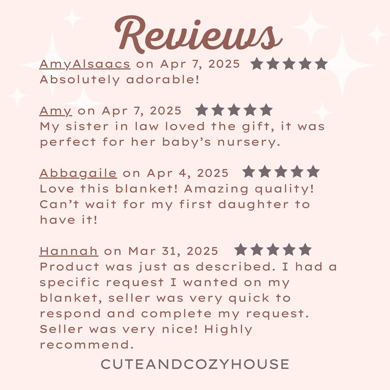 May include: A light pink background with the word "Reviews" in a decorative font. Customer reviews are listed below, with comments and star ratings. The shop name "CUTEANDCOZYHOUSE" is at the bottom.