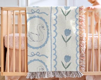 Swan Baby Blanket Girls Swan Nursery Decorations Personal Baby Shower Gift Newborn Keepsake Gift Baby Girl Gift Floral Woven Blanket