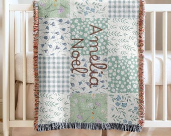 Personalized Baby Blanket Girls Cotton Woven Floral Patchwork Blanket With Name Newborn Keepsake Baby Shower Gift Green Nursery Decorations