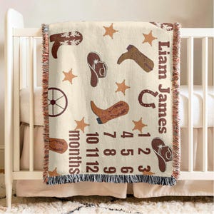 Manta personalizada con hitos para niños, diseño de vaquero occidental, con nombre de bebé personalizado, manta personalizada, tabla de crecimiento de bebé, accesorio fotográfico, regalo para recién nacidos