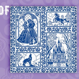 Sampler La Bella y la Bestia Patrón de punto de cruz en pdf Sampler Patrón de princesa Punto de cruz Cita Punto de cruz Bordado moderno Regalo