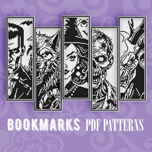 Può includere: Segnalibri a punto croce in bianco e nero con personaggi horror classici come il mostro di Frankenstein, un lupo mannaro, una strega, uno zombie e un demone. Il testo "BOOKMARKS PDF PATTERNS" è su uno sfondo viola.