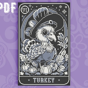 May include: A black and white illustration of a turkey wearing a hat with the word "TURKEY" printed below. The illustration is surrounded by a black border with a white star pattern.