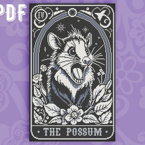 Carte de tarot Possum point de croix, point de croix d'opossum, point de croix gothique, point de croix moderne, point de croix de sorcière, point de croix blackwork