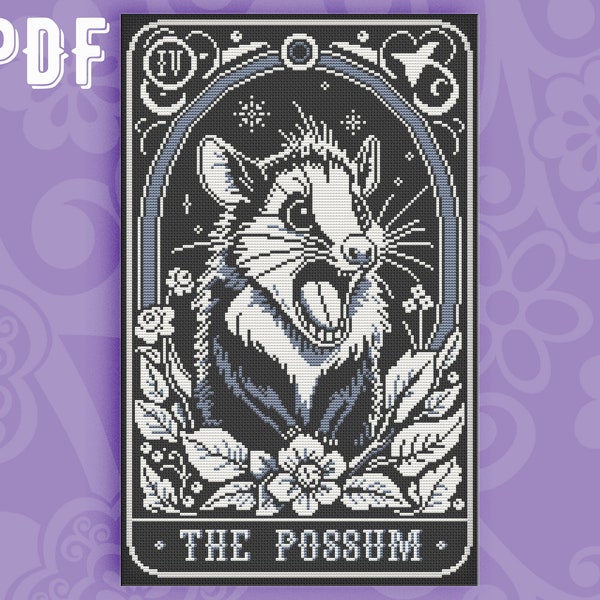 Possum Tarot Card cross stitch, Opossum Cross Stitch, Gothic Cross Stitch, modern cross stitch, witch cross stitch, blackwork cross stitch