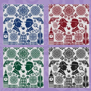 May include: Four cross-stitch patterns featuring Sherlock Holmes silhouettes in blue, red, green, and black. Each design includes a silhouette of Holmes, a pipe, magnifying glass, and other themed elements.