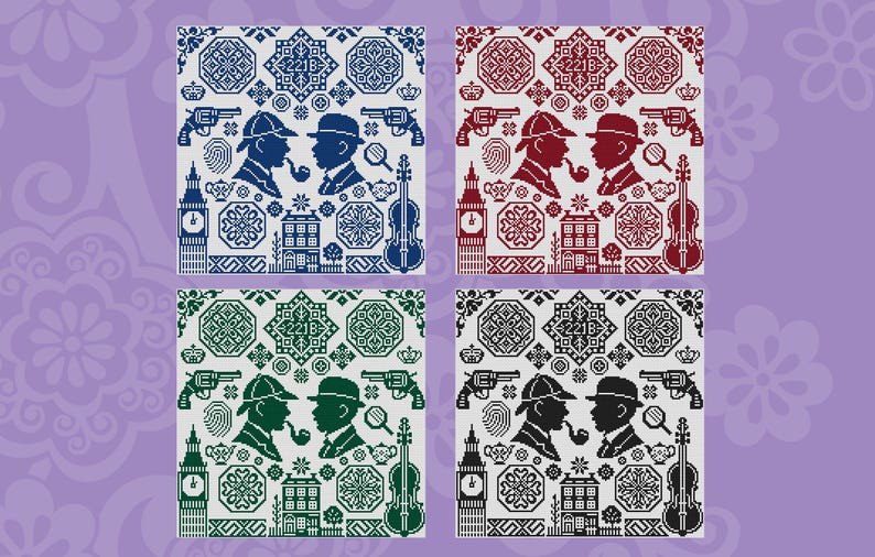 May include: Four cross-stitch patterns featuring Sherlock Holmes silhouettes in blue, red, green, and black. Each design includes a silhouette of Holmes, a pipe, magnifying glass, and other themed elements.