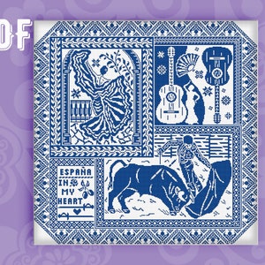 May include: A blue and white cross-stitch pattern featuring a flamenco dancer, a bullfight scene, a guitar, and a fan. The text "ESPAÑA IN MY HEART" is included in the design.