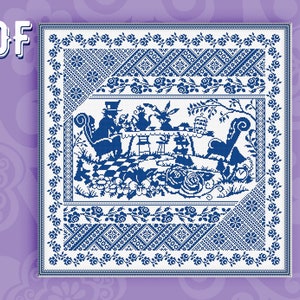 May include: Blue and white cross stitch pattern featuring a tea party scene with the Mad Hatter, March Hare, and a teapot. The pattern is surrounded by a border of roses and other floral motifs.