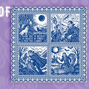 May include: A blue and white illustration with a gothic theme, divided into four panels. The panels show scenes with wolves, vampires, and romantic encounters. The image includes the text: "I WANT YOU TO BELIEVE IN THINGS THAT YOU CANNOT."