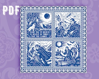 May include: A blue and white illustration featuring four panels with a gothic theme. The panels depict scenes with wolves, vampires, and romantic encounters. Text in the image reads: "I WANT YOU TO BELIEVE IN THINGS THAT YOU CANNOT."