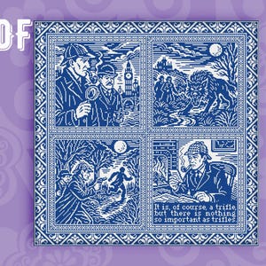 May include: A blue and white illustration featuring four panels with scenes from a detective story. The top left panel shows two men with a magnifying glass and pipe. The bottom right panel has the quote: "It is, of course, a trifle, but there is nothing so important as trifles."