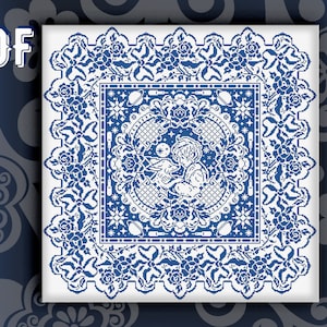 May include: A white cross-stitch pattern with a blue floral border. The center of the pattern features a couple sitting on a bench with a moon and stars in the background. The text "PDF" is in the upper left corner of the image.
