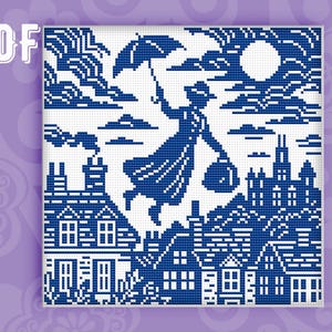 Puede incluir: Patrón de punto de cruz azul y blanco que representa a una mujer con un paraguas volando sobre un paisaje urbano. El diseño incluye casas, nubes y una luna llena. La palabra "PDF" está en la esquina superior izquierda.