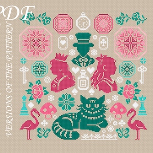 May include: Cross-stitch pattern with Alice in Wonderland theme. The design includes the Cheshire Cat, Queen of Hearts, Mad Hatter, and other iconic symbols in teal, pink, and white. The text "PDF Monochrome and Color Versions of the Pattern" is visible.
