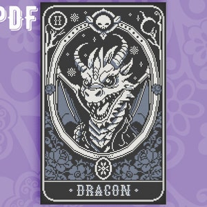 May include: A black and white cross stitch pattern of a dragon with a skull and floral accents. The pattern is titled "Dragon".