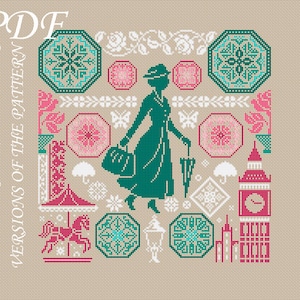 May include: Cross-stitch pattern featuring a teal silhouette of a woman with an umbrella and bag, surrounded by pink and teal geometric shapes and London landmarks. The text "PDF MONOCHROME AND COLOR VERSIONS OF THE PATTERN" is in the upper left corner.
