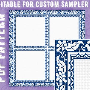 May include: A PDF pattern with a blue and white floral border design. The pattern includes the text "PDF PATTERN" and "SUITABLE FOR CUSTOM SAMPLER". The design features four white squares with detailed blue borders.