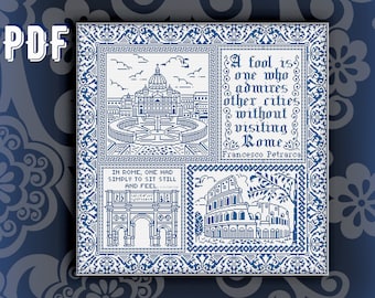 Rome Cross Stitch Sampler Pattern: Italy Vatican Decor (PDF Download)
