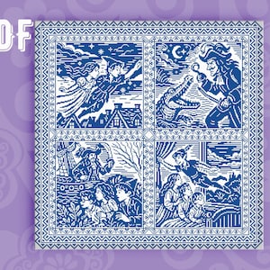 Puede incluir: Un patrón de punto de cruz azul y blanco con escenas de Peter Pan. El diseño incluye imágenes de Peter Pan, el Capitán Garfio y el cocodrilo. La palabra "PDF" está en la esquina superior izquierda. El diseño está enmarcado con un borde decorativo.