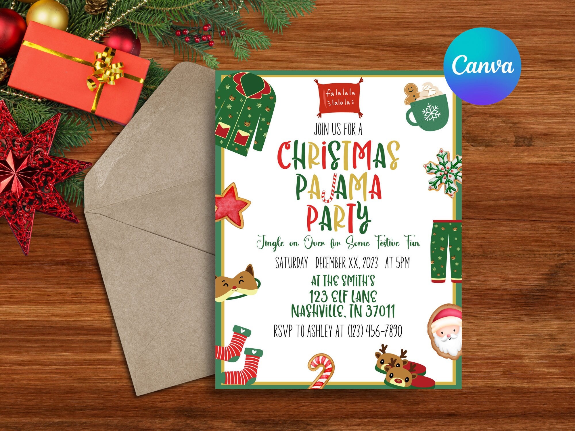 EDITABLE Christmas Pajama Party Invite Template, Printable Holiday ...