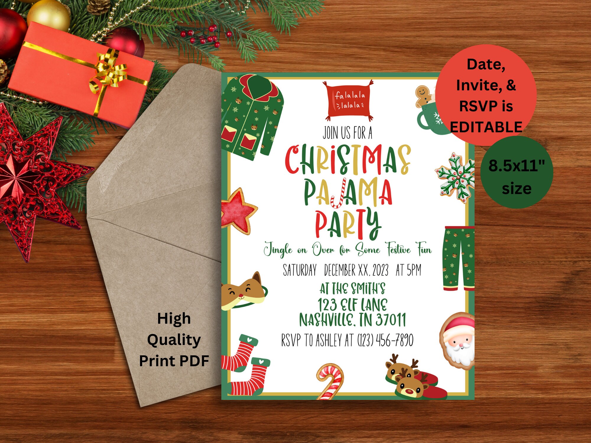 EDITABLE Christmas Pajama Party Invite Template, Printable Holiday ...