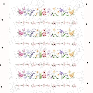 May include: Five rows of floral designs with pink, purple, yellow, and red flowers on a white background. The flowers are arranged in a repeating pattern and are separated by thin lines.