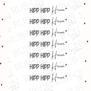 May include: A white background with black hearts scattered across the left side of the image. On the right side of the image, the text "HIPP HIPP Hurra" is repeated seven times in black cursive font.