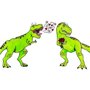 Lindo y peculiar Valentine Dinosaur T-Rex Tarjeta de felicitación / Acuarela y tinta