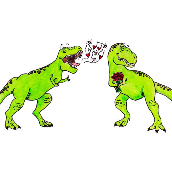 Cute and Quirky Valentine Dinosaur T-Rex Greeting Card | Watercolor and Ink