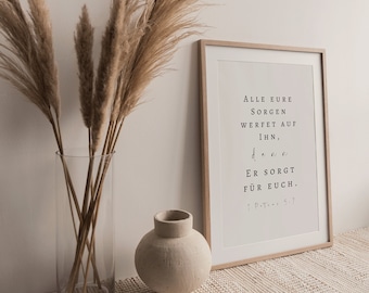 1 Petrus 5:7 German ,Alle eure Sorgen werfet auf Ihn, denn Er sorgt für euch. Bible Verse Printable, German Christian Poster, Wall Art,