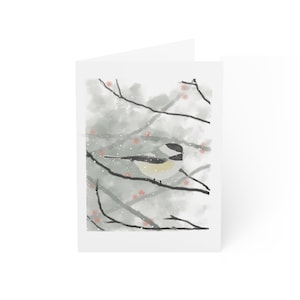 Chickadee in Winter Snow cards tarjeta de arte original inspirada en la naturaleza, pinturas coloridas, mensajes, notas, tarjetas de felicitación.