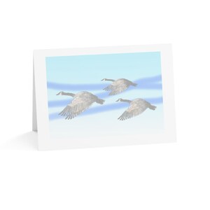 Geese Flying High tarjeta obra de arte original inspirada en la naturaleza, pinturas coloridas, mensaje, nota, tarjetas de felicitación.